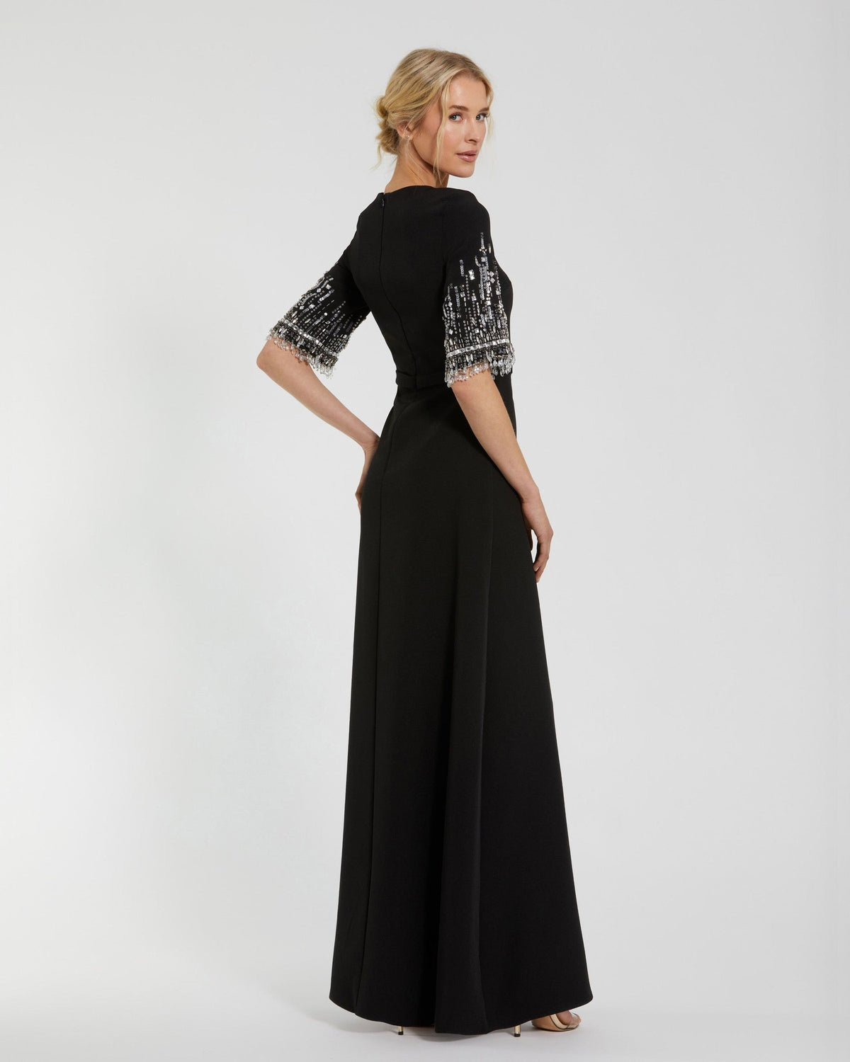Petite Black Crepe A Line Gown With Beaded 3/4 Sleeves