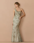Sage Beaded One Shoulder Draped Mermaid Gown