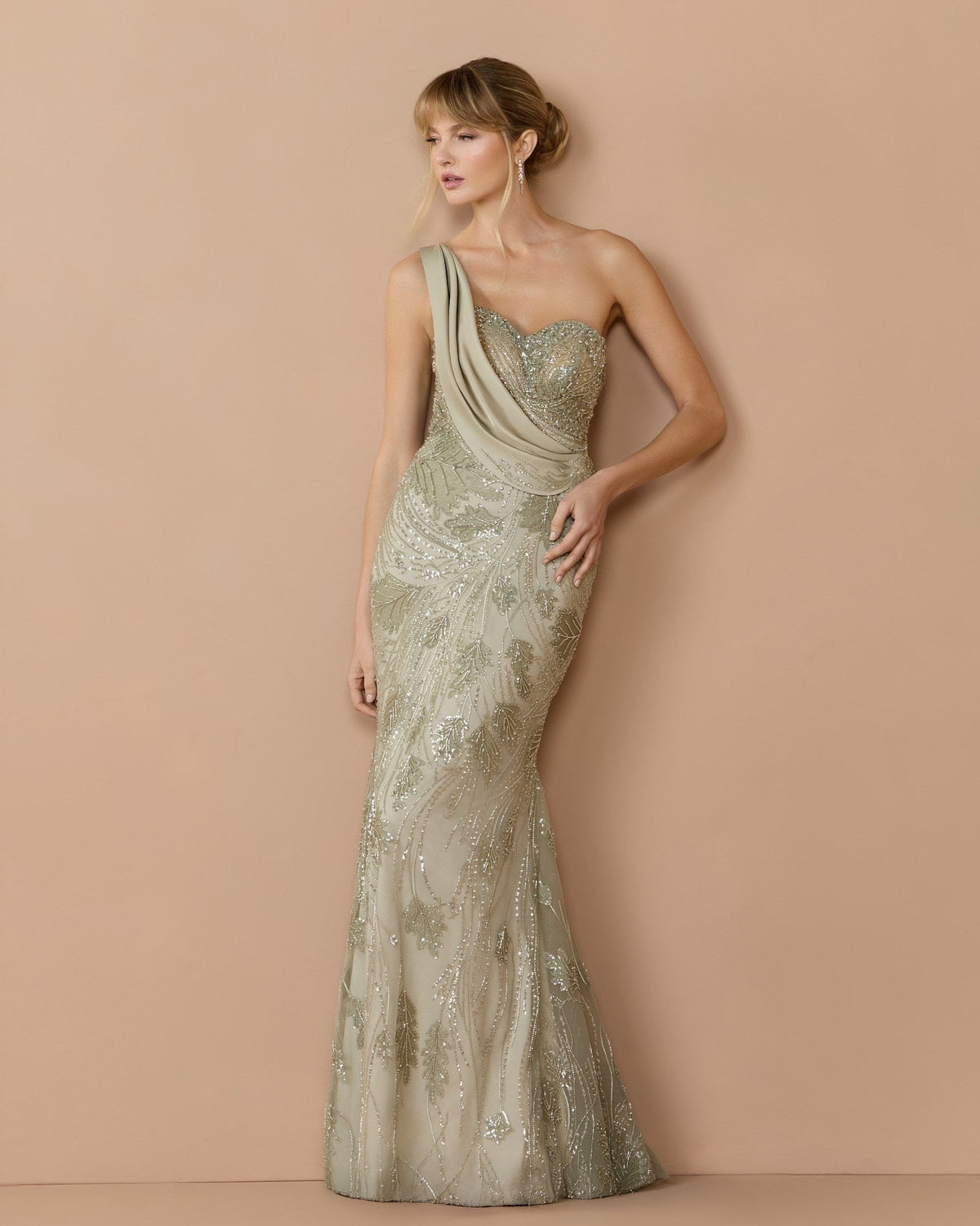 Sage Beaded One Shoulder Draped Mermaid Gown