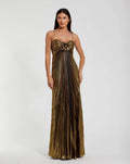 Antique Gold Metallic Pleated Gown With 3D Flower