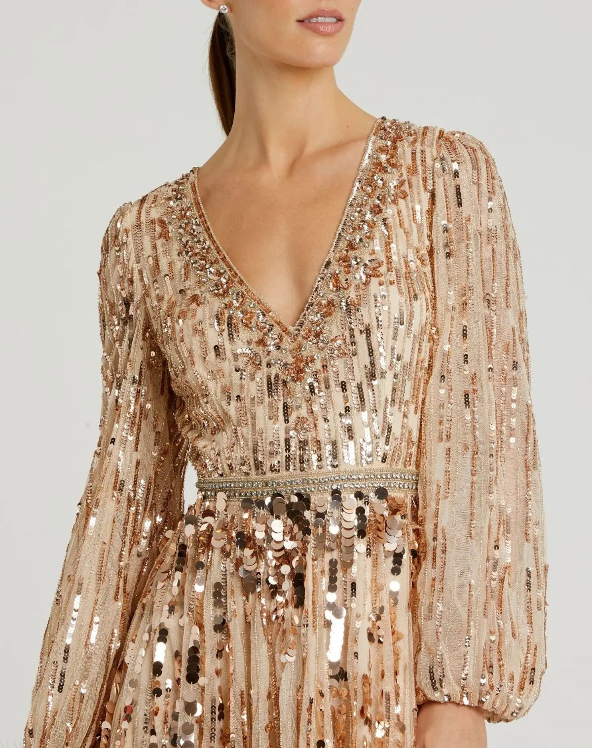 Beige Embellished Mesh Long Sleeve V Neck Gown