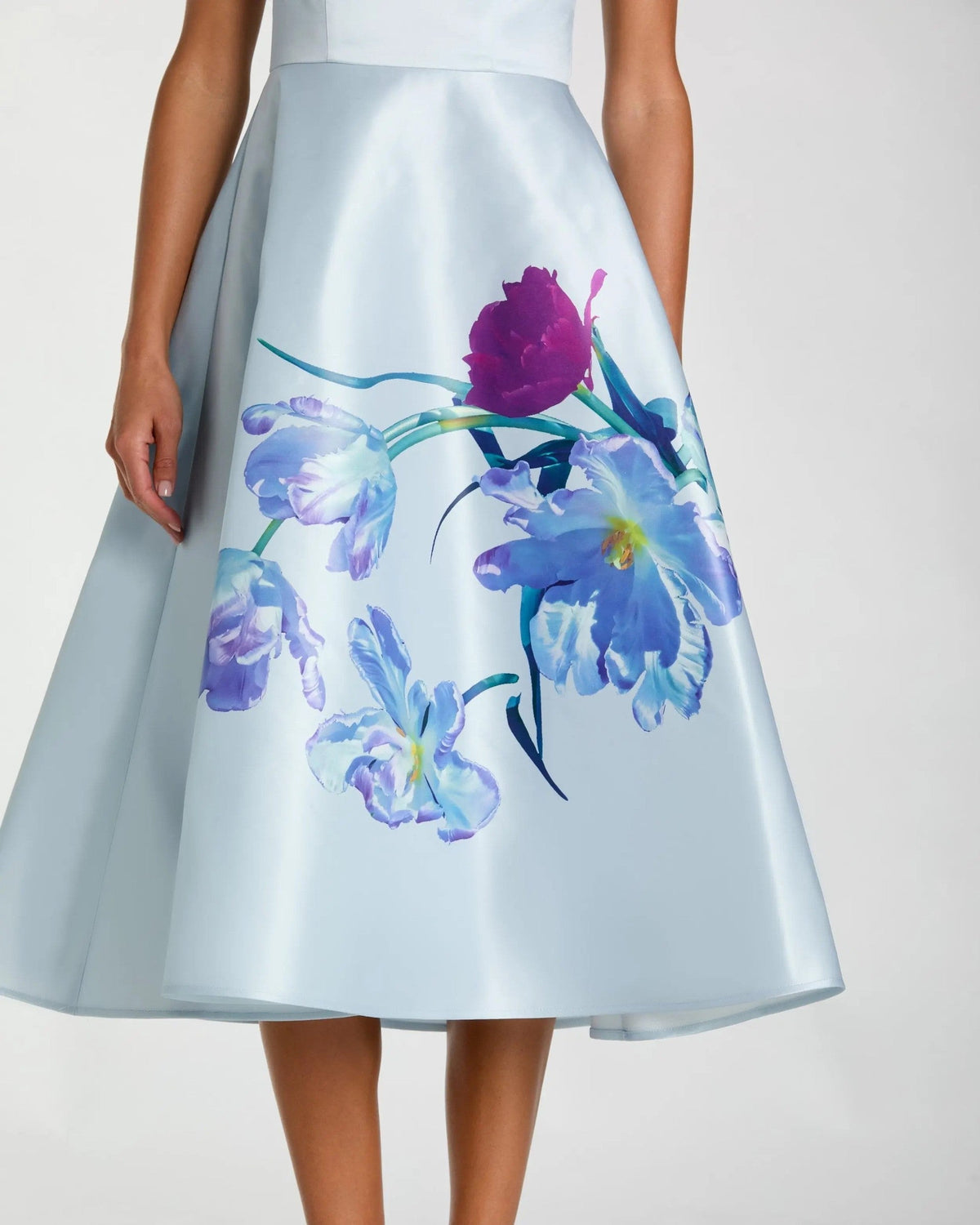 Periwinkle Multi Satin Cap Sleeve Midi Dress With Floral Print
