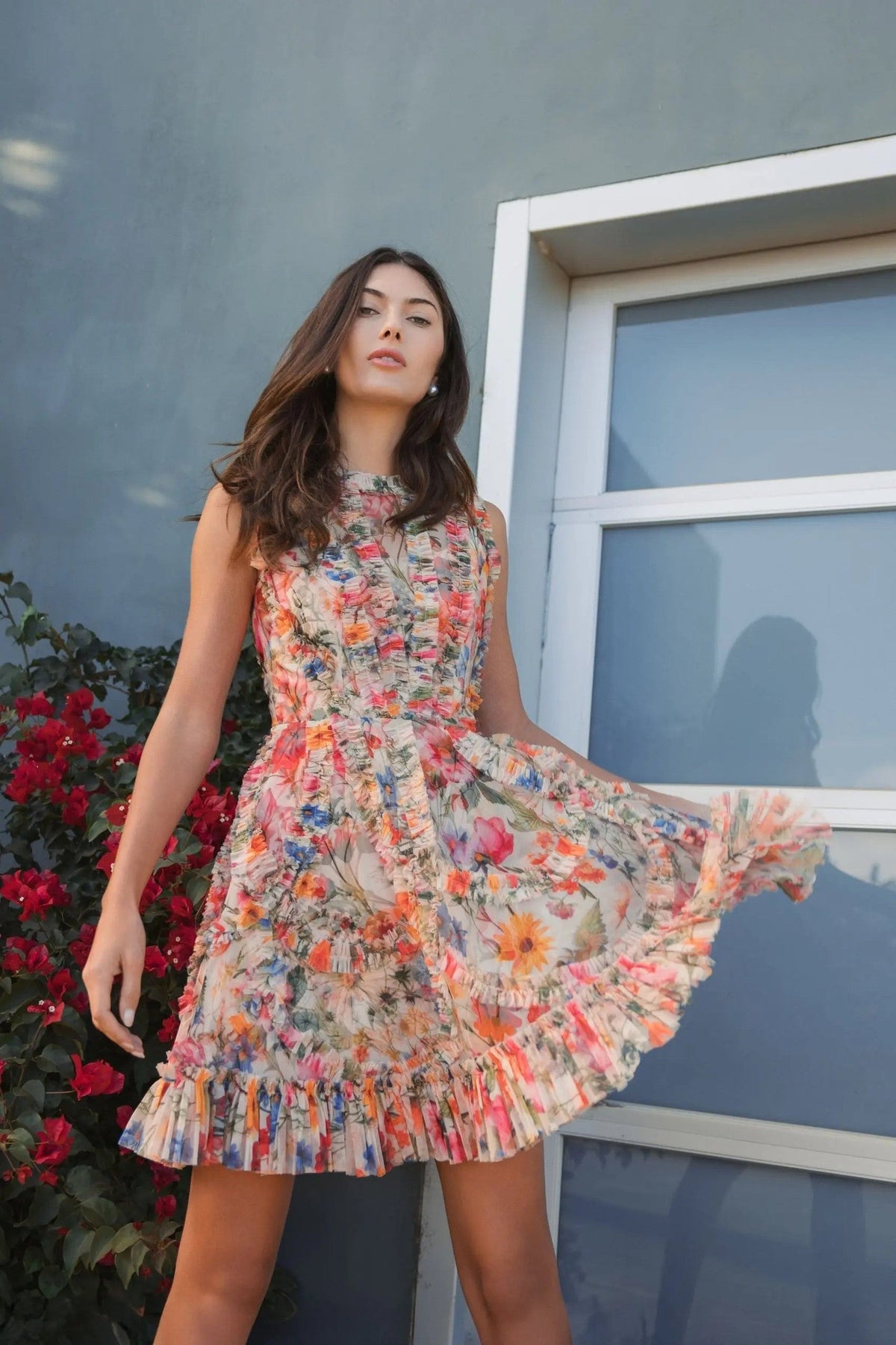 Multicolor Micro Ruffle Floral A-Line Mini Dress