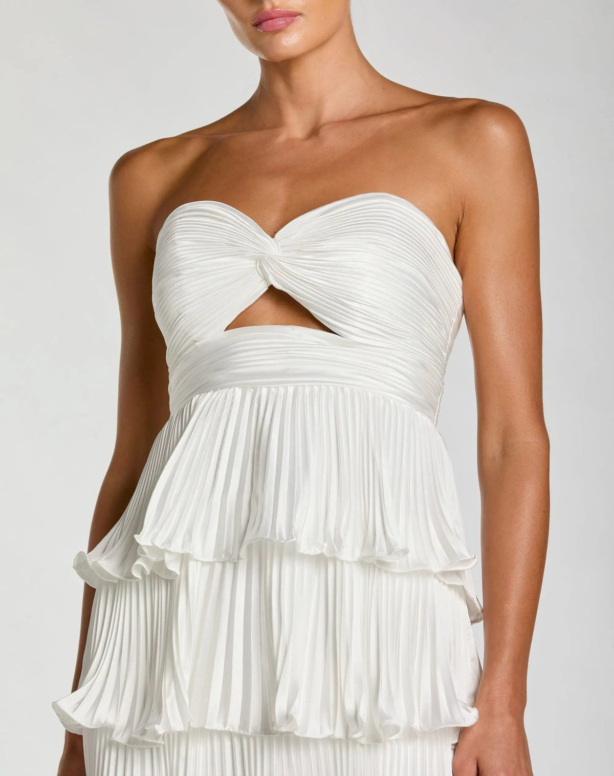 Ivory Strapless Pleated Charmeuse Tiered Ruffle Gown