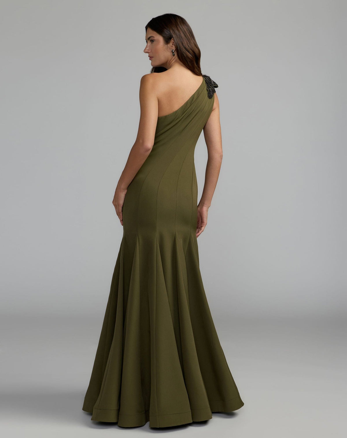 Olive One Shoulder Trumpet Gown With Crystal Flower