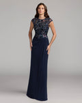 Navy Embroidered Cap Sleeve Jersey Gown
