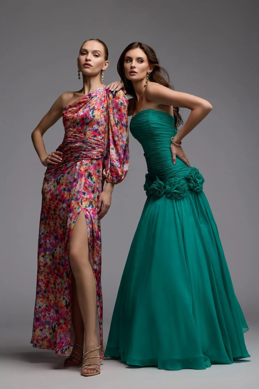 Multi Floral One Shoulder Charmeuse Gown With Slit
