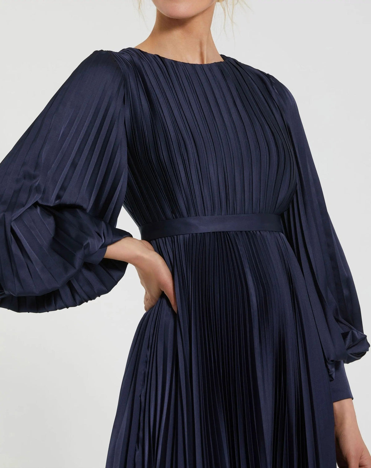 Midnight Long Sleeve Pleated Charmeuse Handkerchief Dress