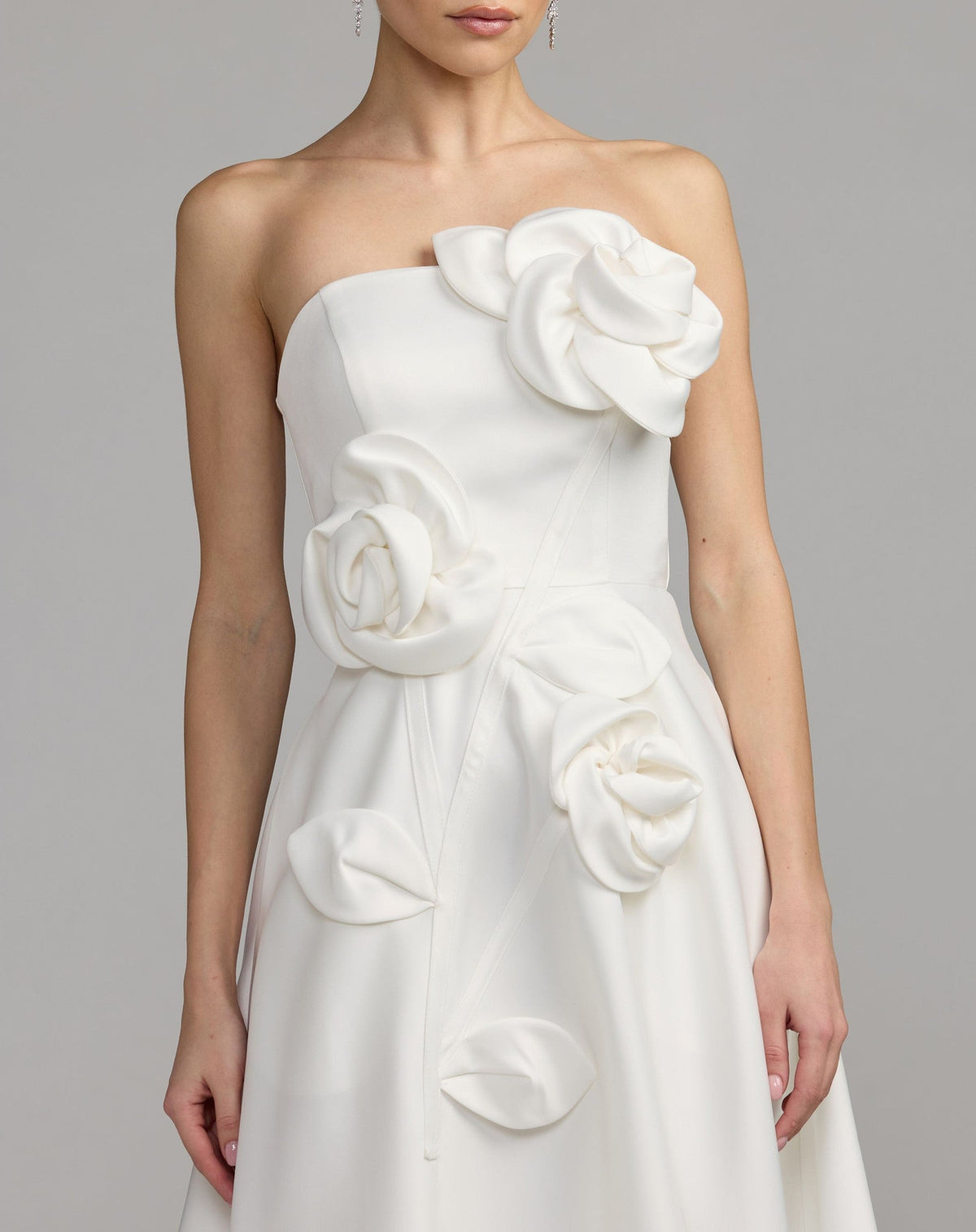 Ivory Strapless Satin A-Line Dress With 3D Flowers