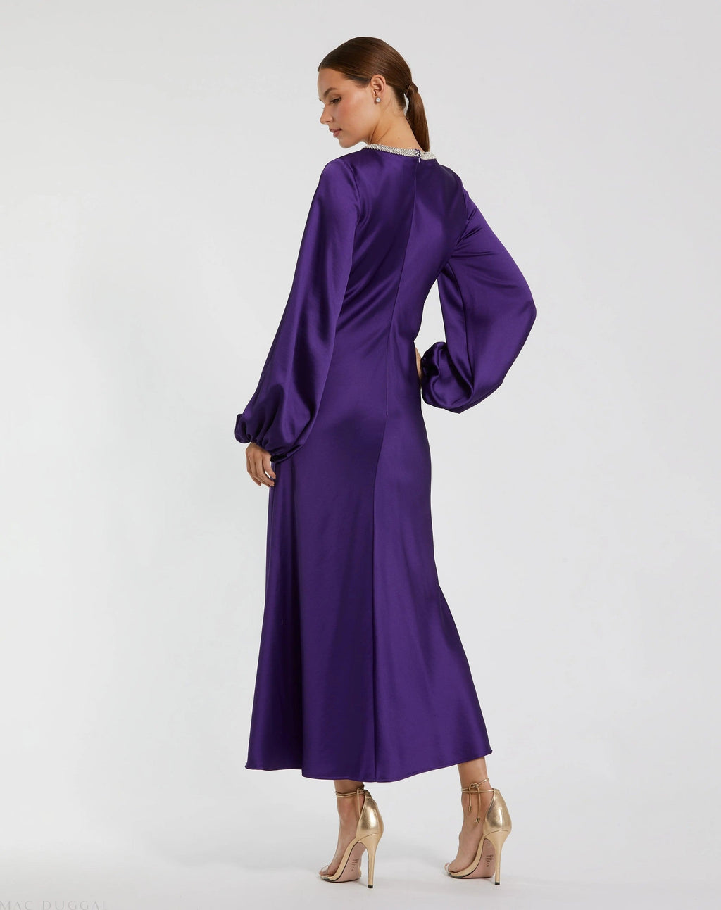 Royal Purple Rhinestone Neckline Satin Midi Dress
