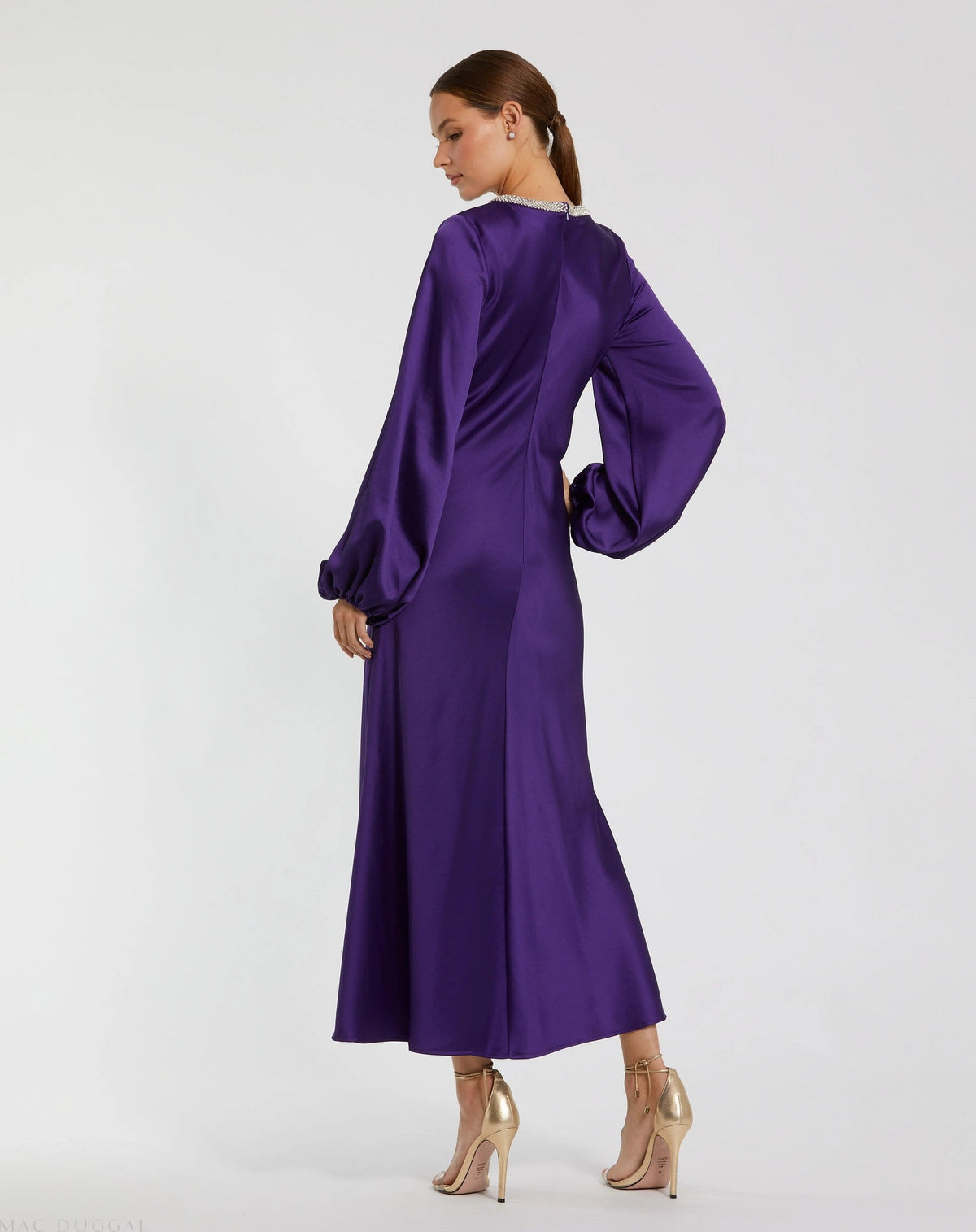 Royal Purple Rhinestone Neckline Satin Midi Dress