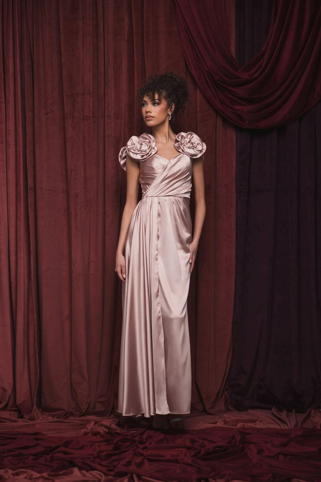 Pink Faux Wrap Satin Gown With 3D Flower Straps