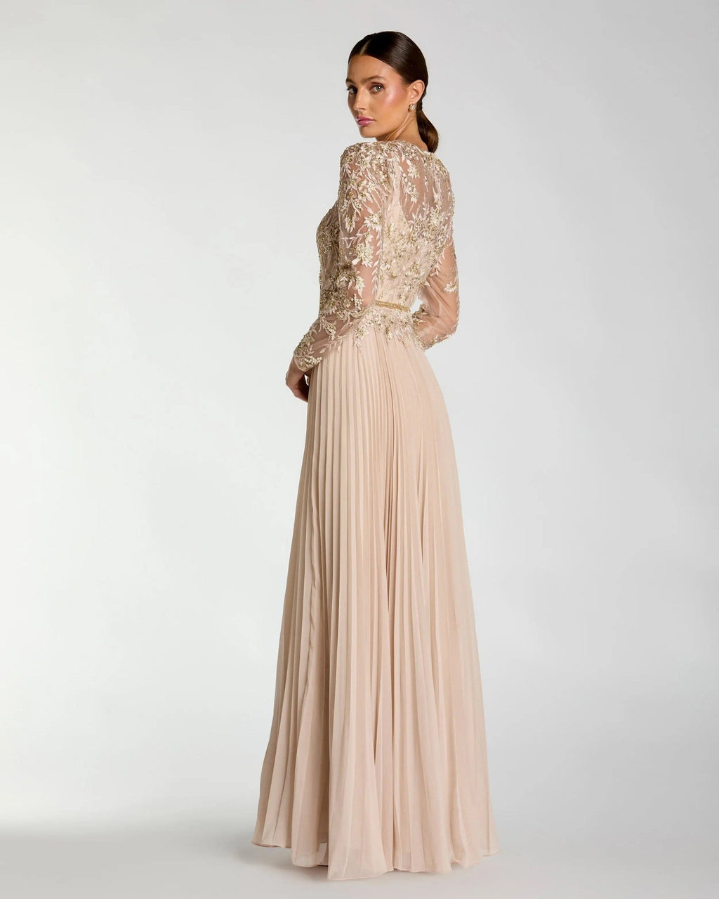 Taupe Long Sleeve Chiffon Embellished Gown