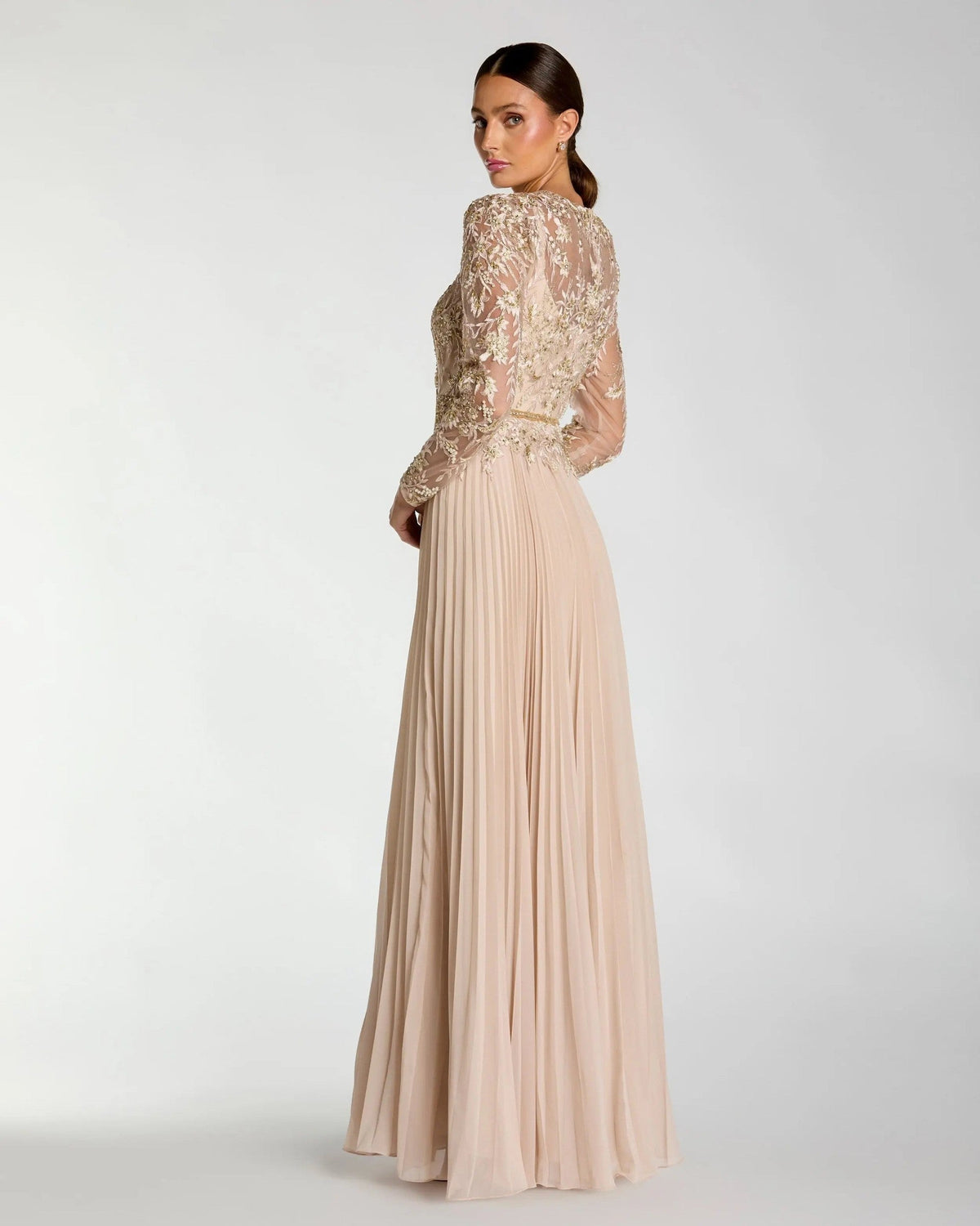 Taupe Long Sleeve Chiffon Embellished Gown