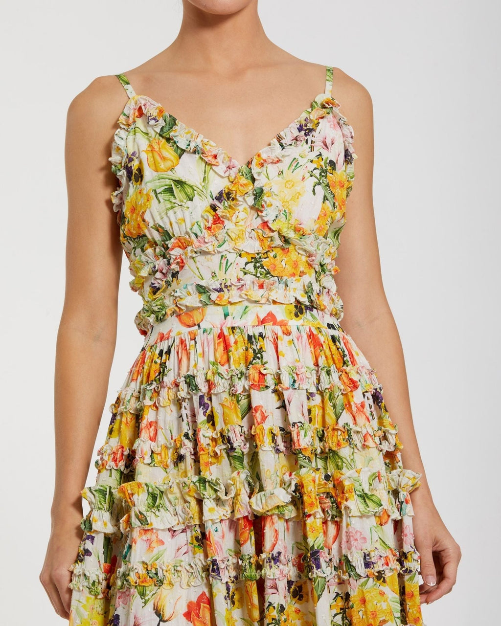 Yellow Floral Printed Micro Ruffle Cotton Midi Dress