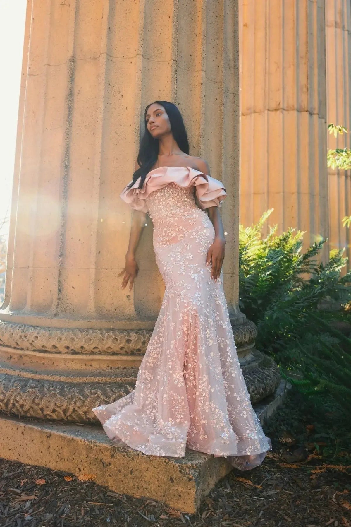 Rose Embellished Mermaid Gown With Off The Shoulder Ruffle