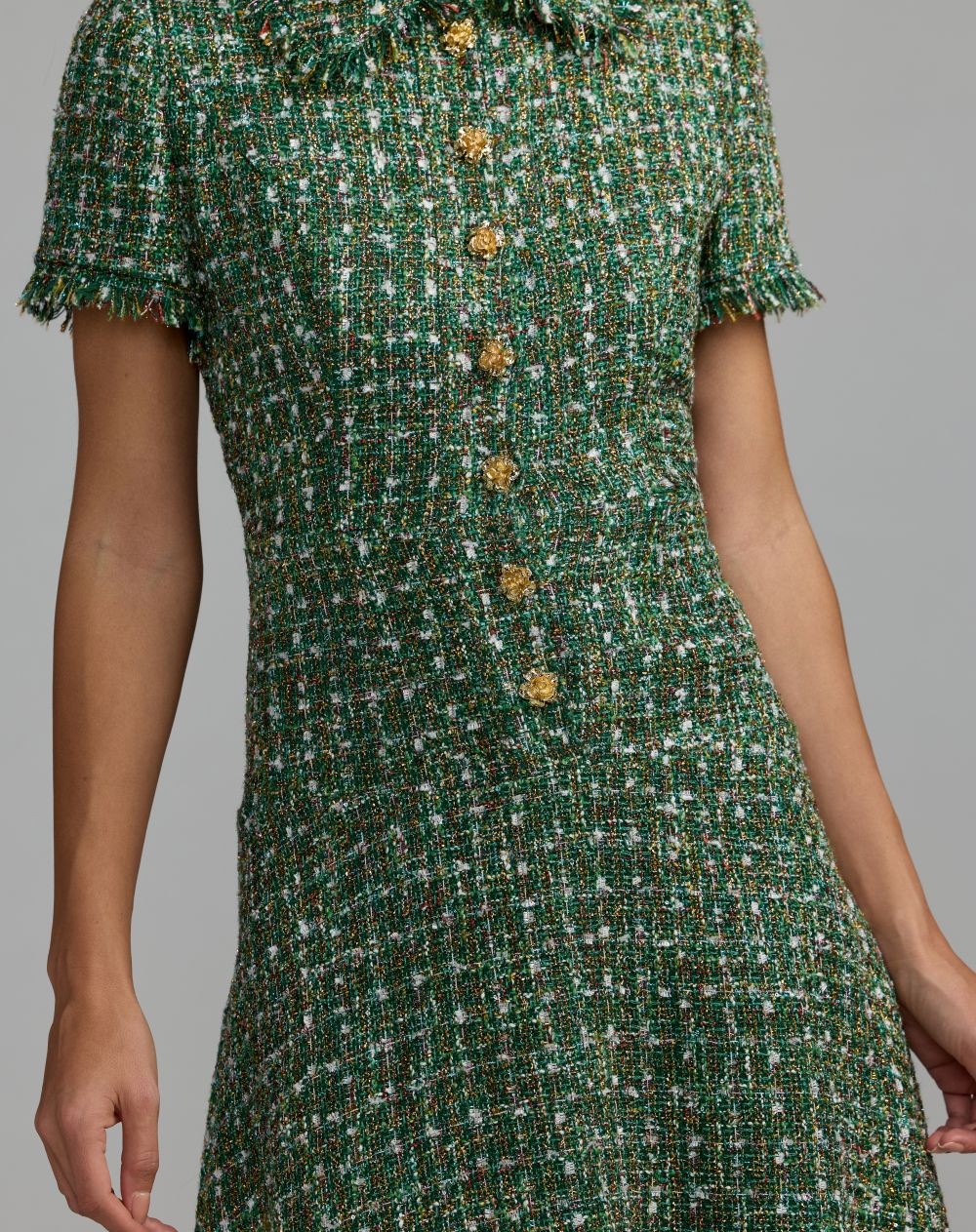 Emerald Multi Boucle Short Sleeve Button Up Midi Dress