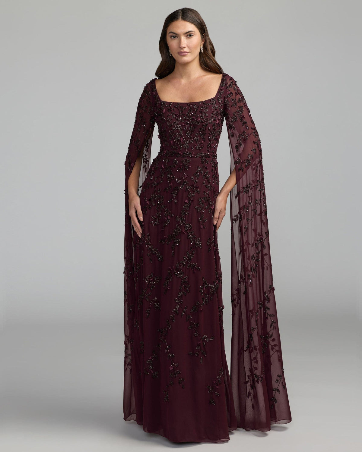 Aubergine Floral Embellished Cape Sleeve Gown