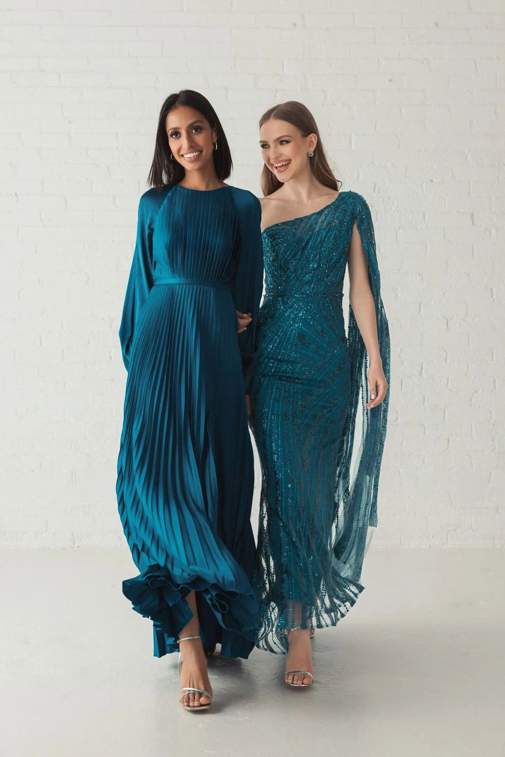 Peacock Pleated High Neck Long Sleeve Gown With Slit