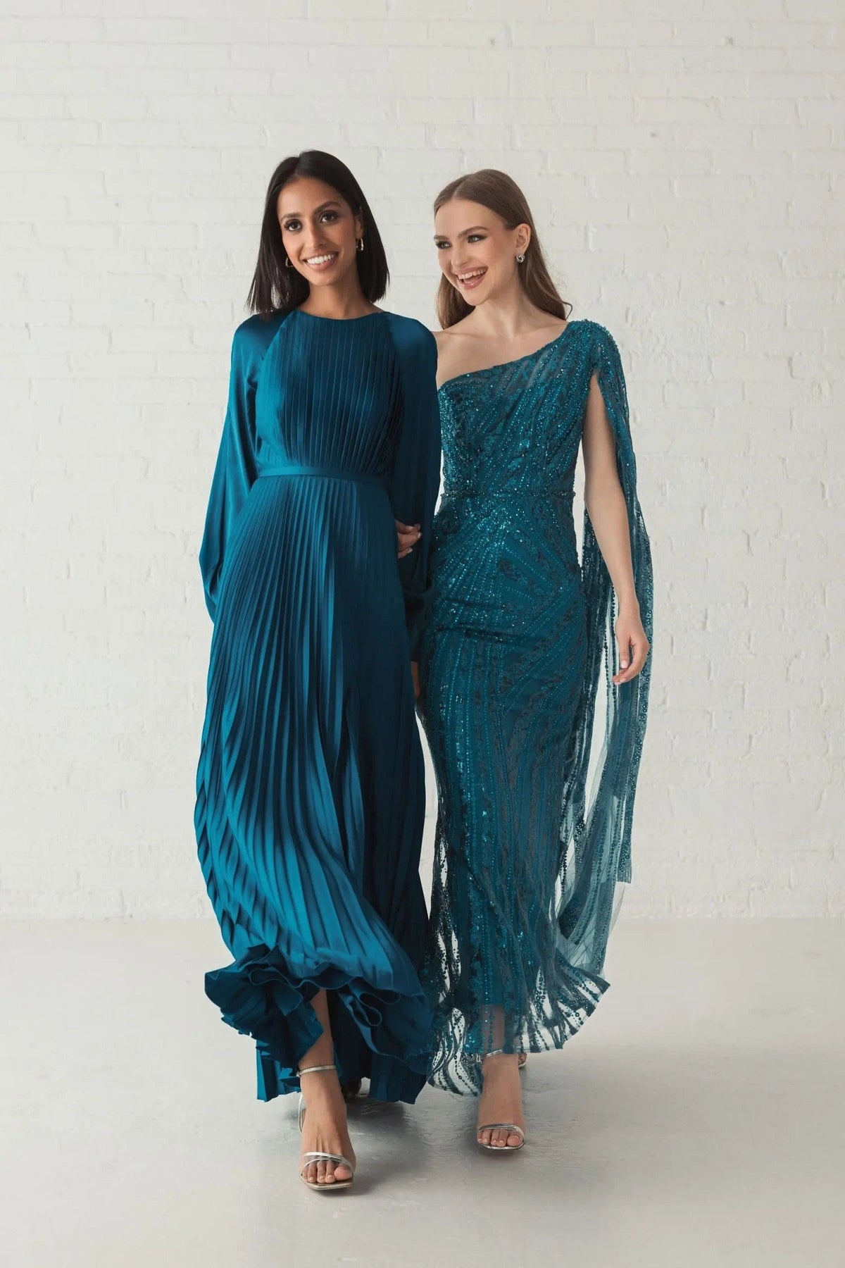 Peacock Pleated High Neck Long Sleeve Gown With Slit