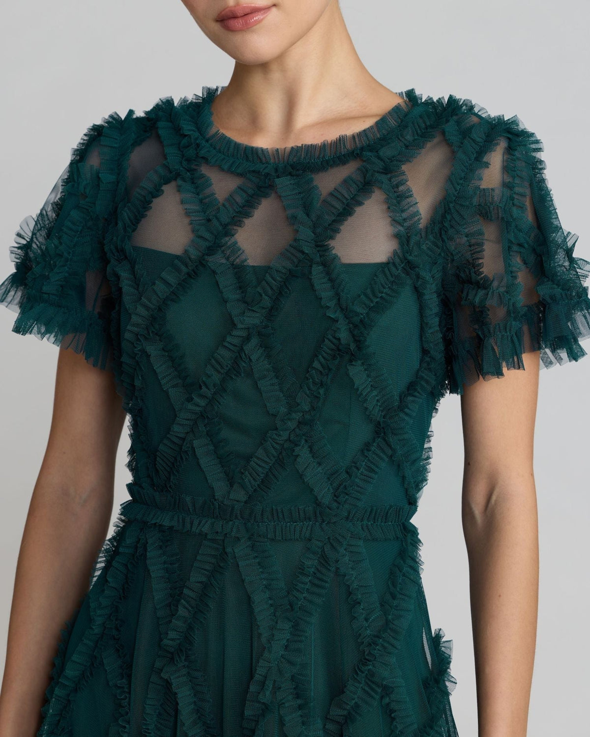 Teal Short Sleeve High Neck Ruffle Dress