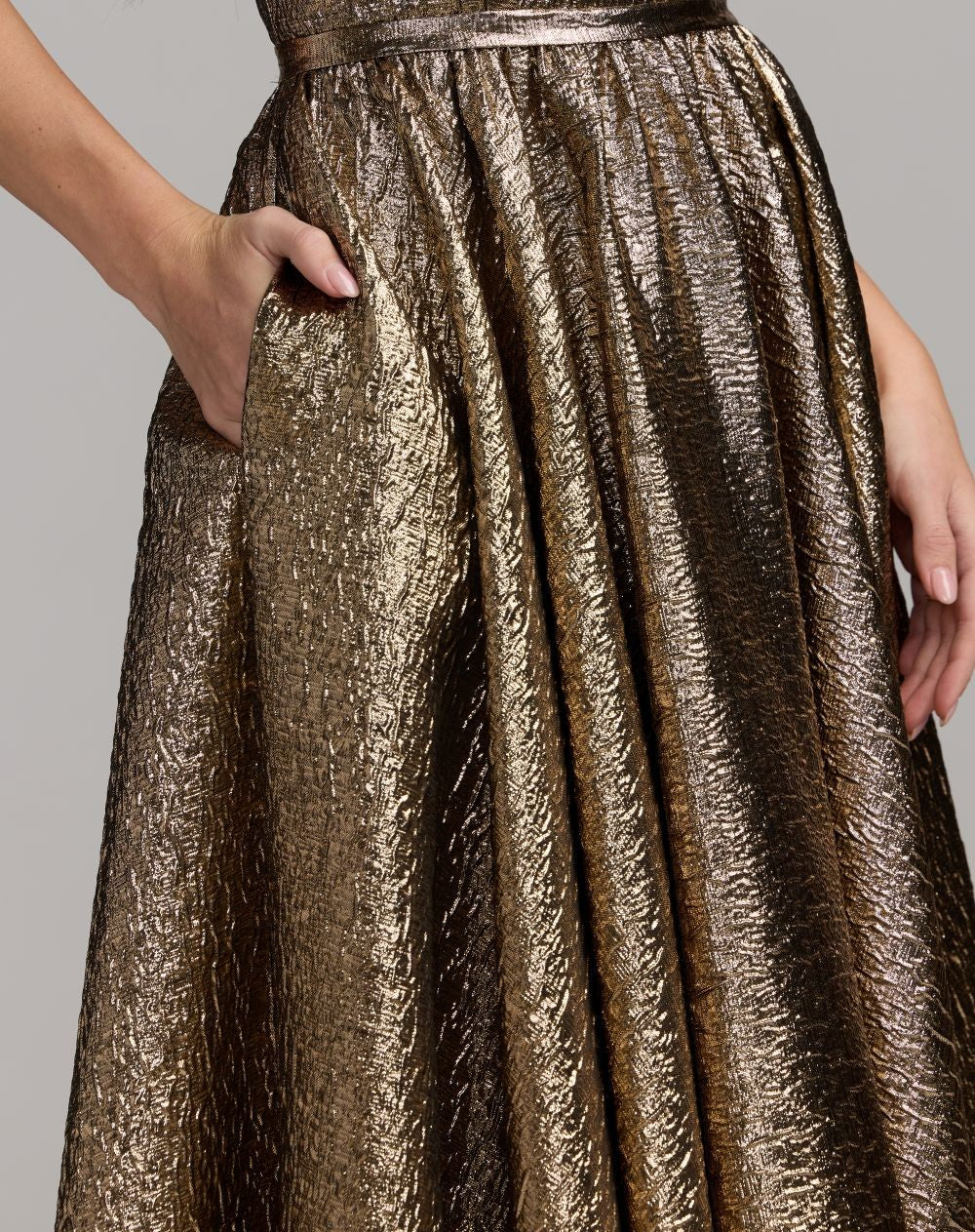 Antique Bronze Metallic Strapless Gown With Bow
