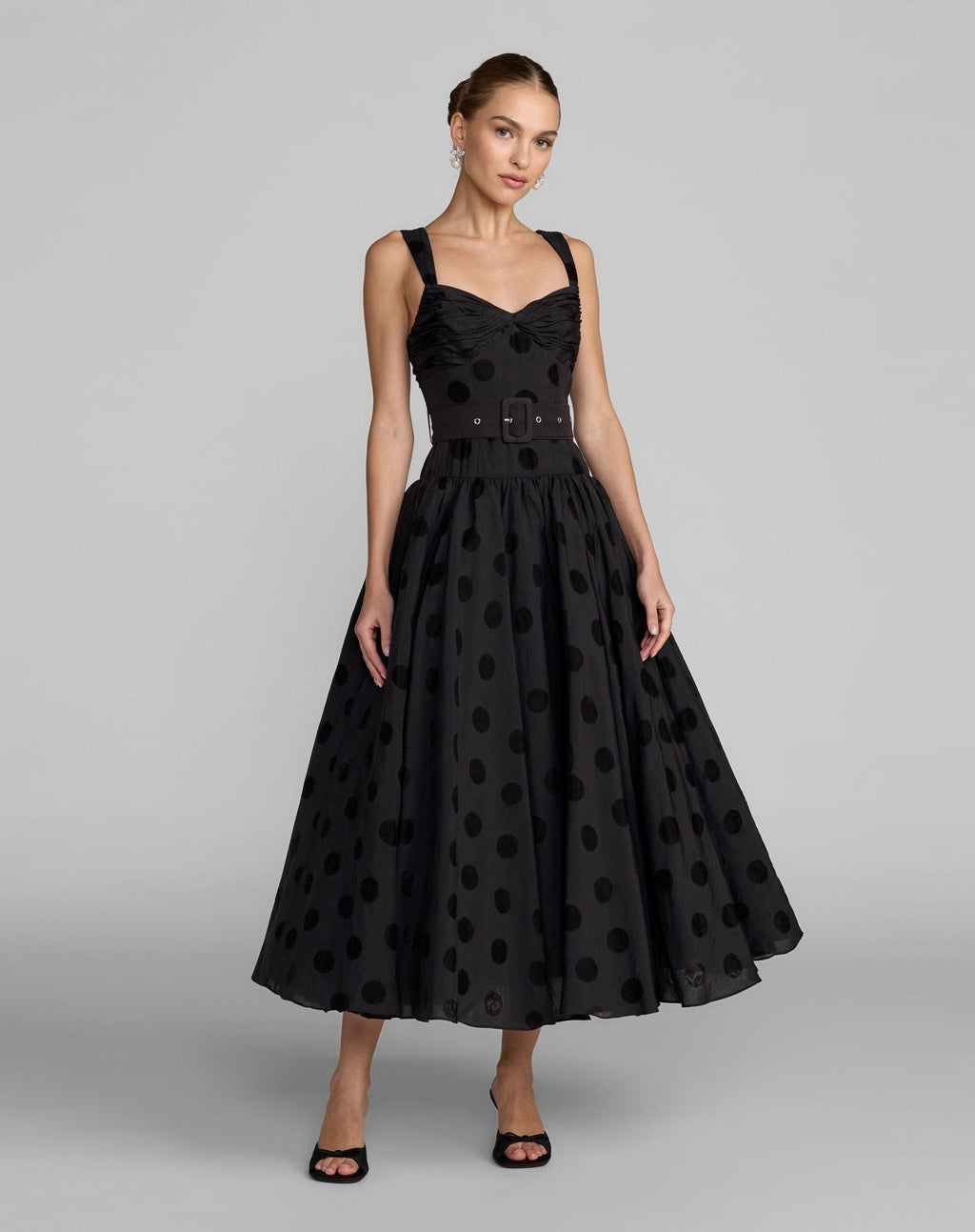 Black Polka Dot Belted Midi Dress