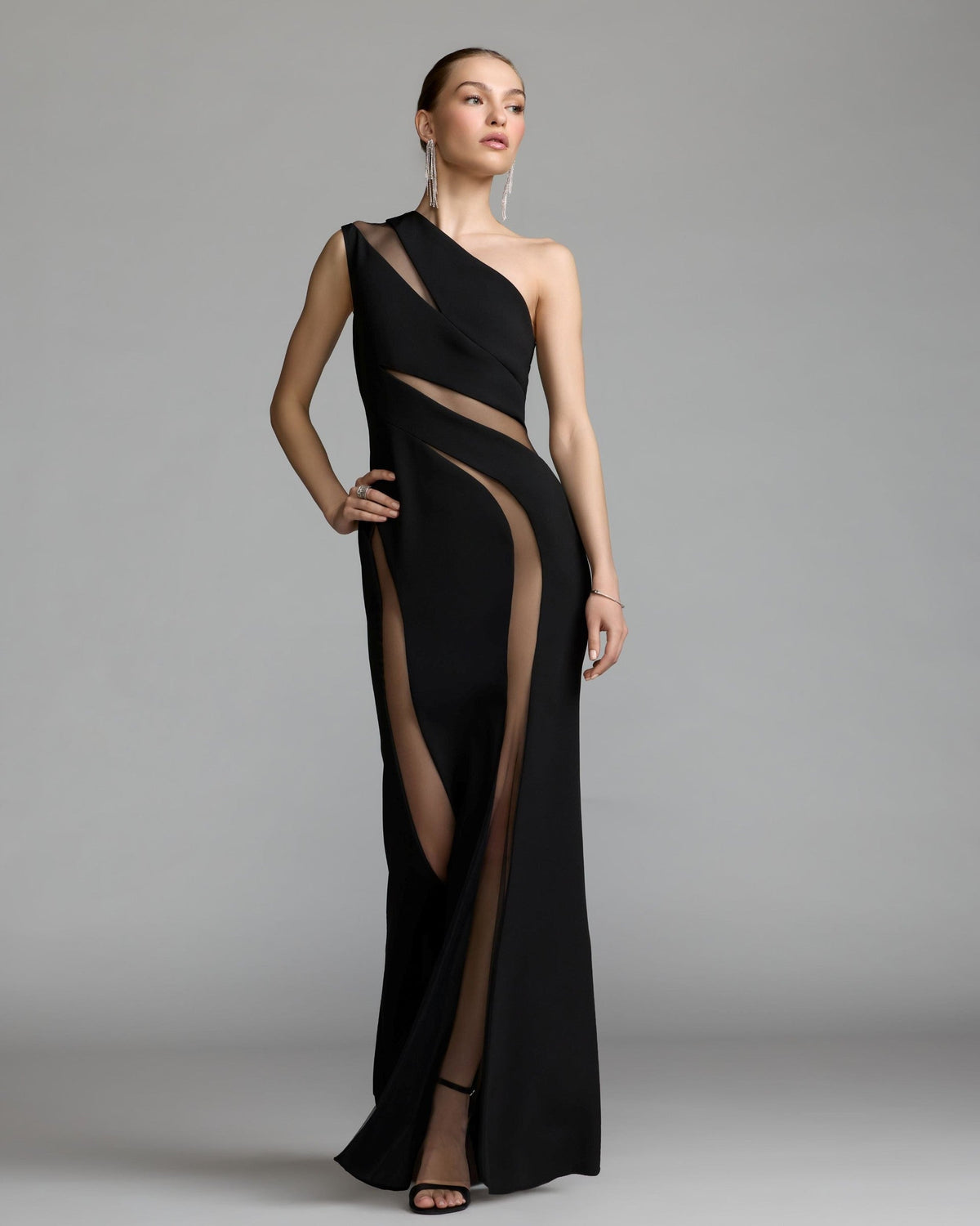 Black One Shoulder Crepe Illusion Cutout Gown