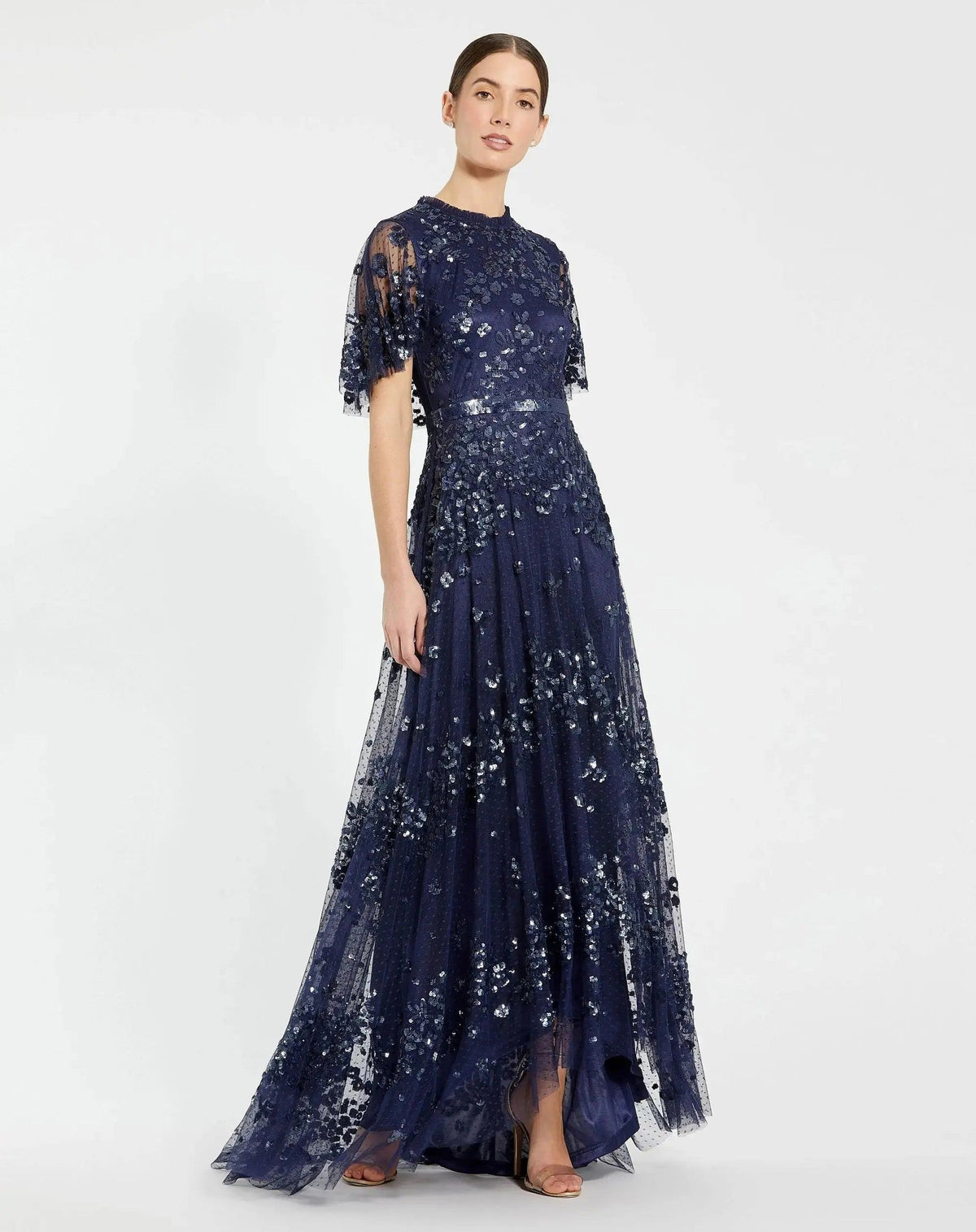 Midnight Sequined High Neck Flutter Sleeve A Line Gown