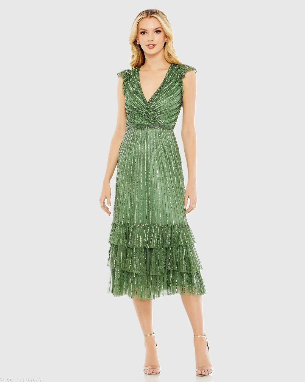 Green Sequined Wrap Over Cap Sleeve Ruffle Hem Dress