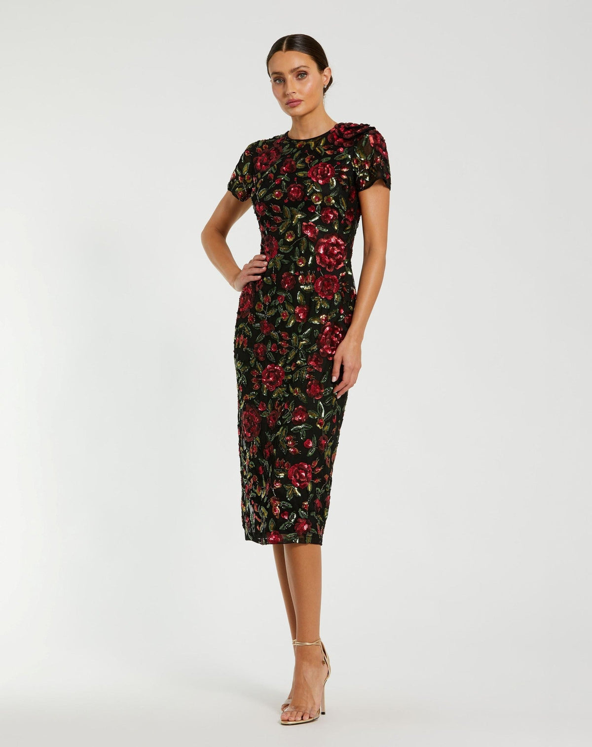 Black High Neck Floral Embellished Midi Dress