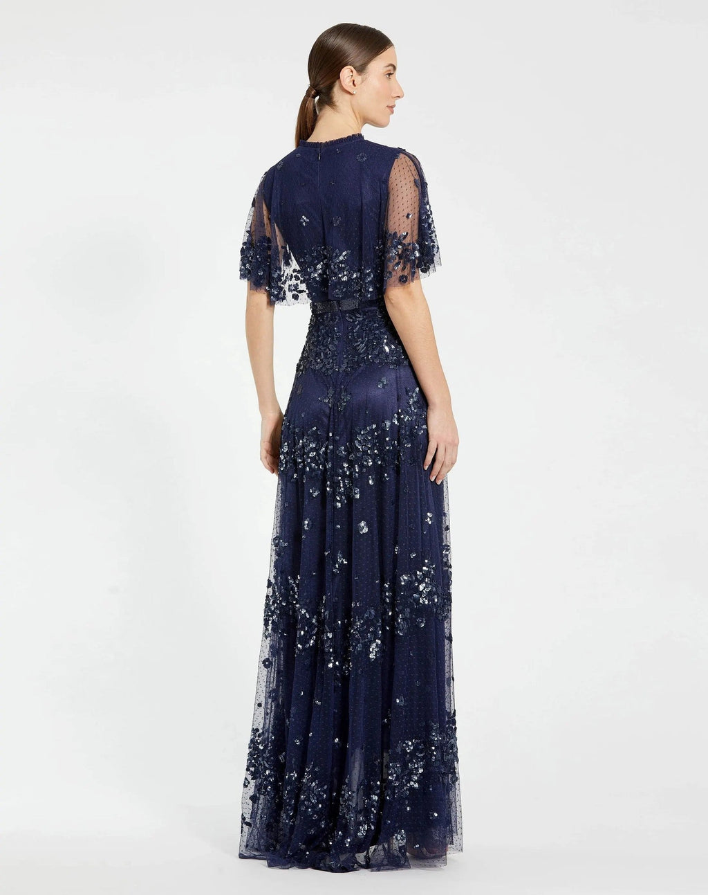 Midnight Sequined High Neck Flutter Sleeve A Line Gown