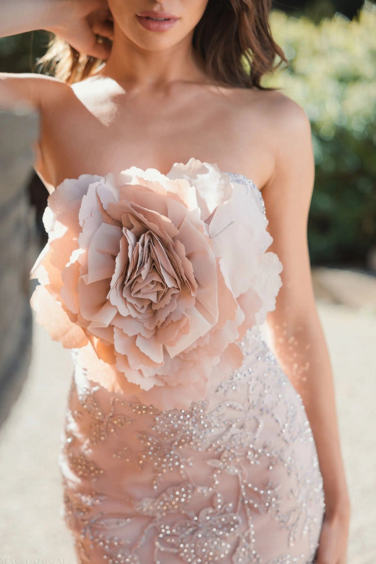 Pink Strapless Lace Embellished Trumpet Gown With 3D Flower