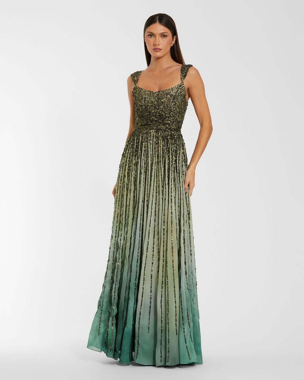 Green Sleeveless Sequin A Line Ombre Gown