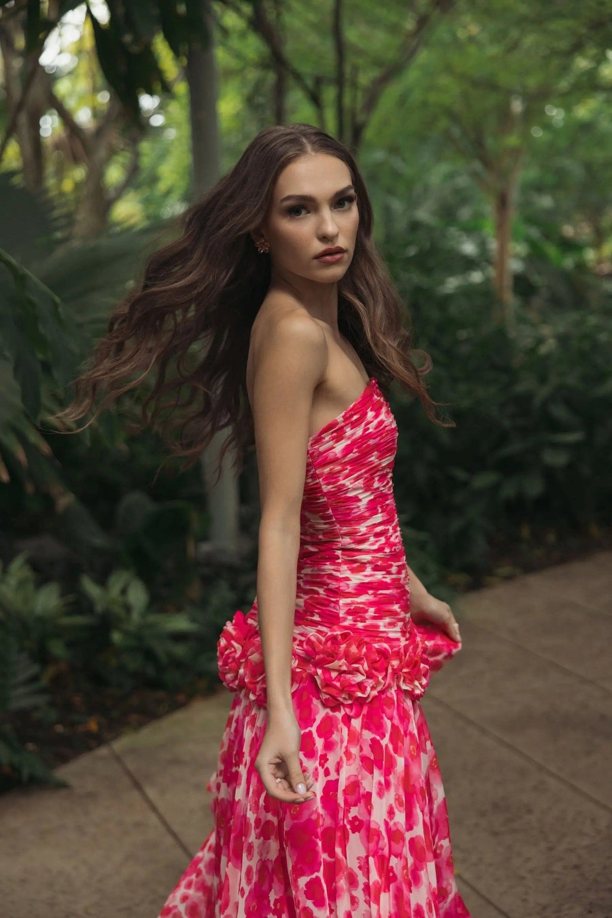 Pink Strapless Chiffon Ball Gown With 3D Flowers