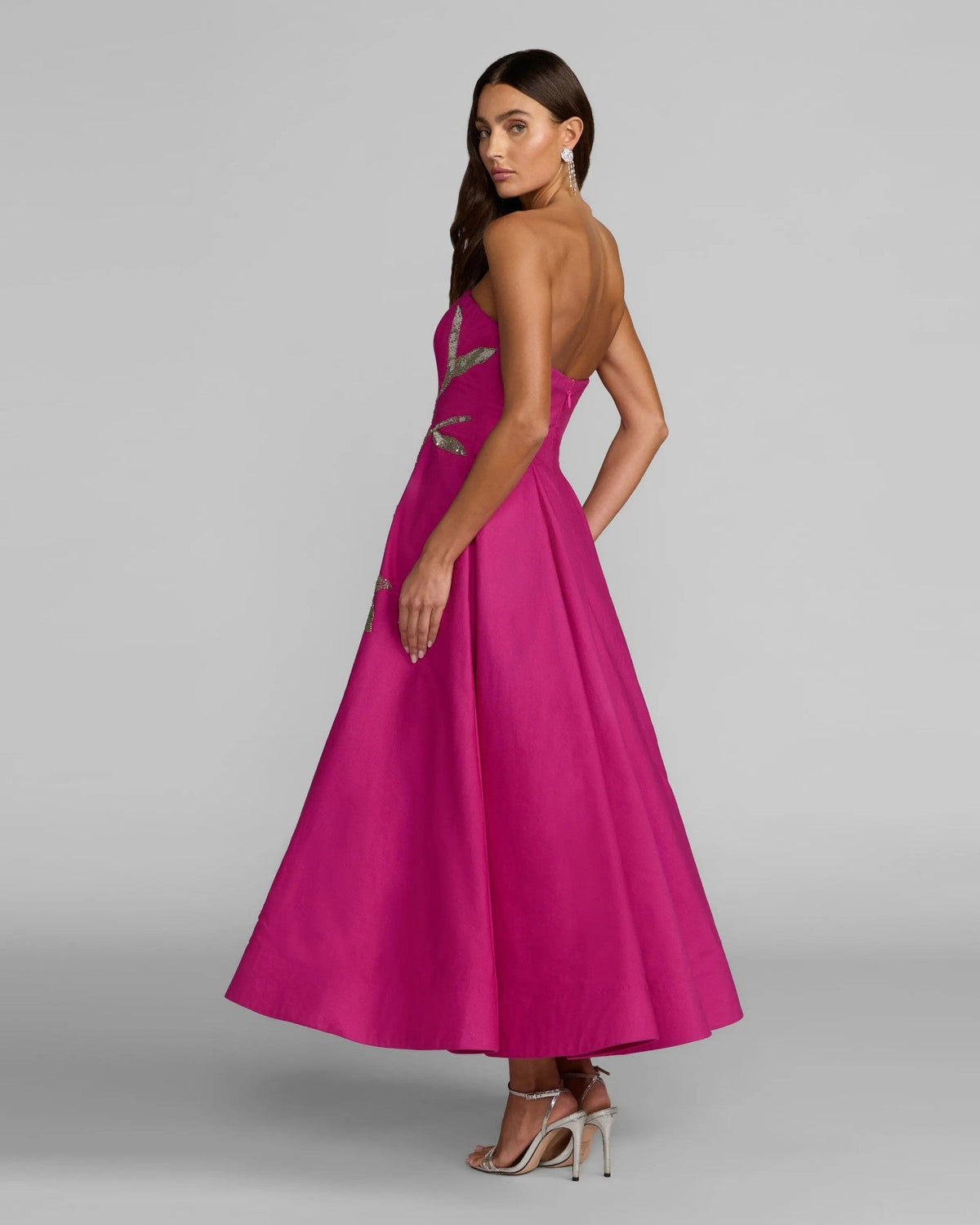 Hot Pink Multi Strapless Floral Embellished Midi Dress