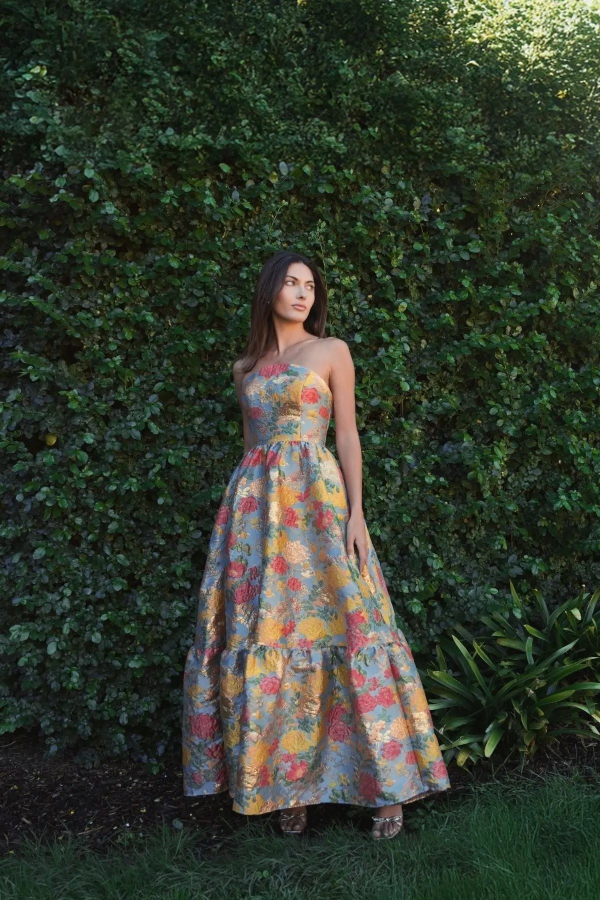 Multicolor Strapless Floral Brocade Dress with Ruffles
