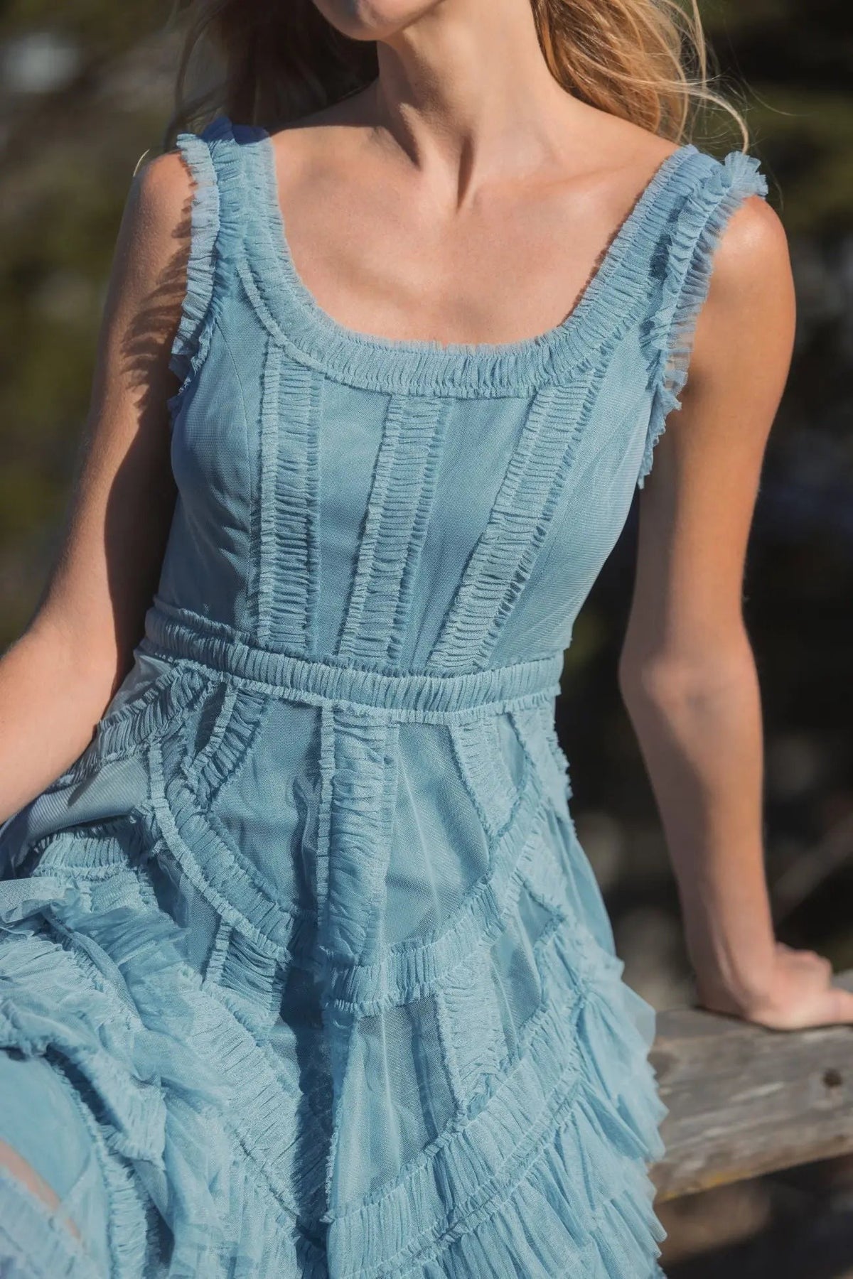 Blue Scoop Neck Sleeveless A-Line Ruffle Midi Dress