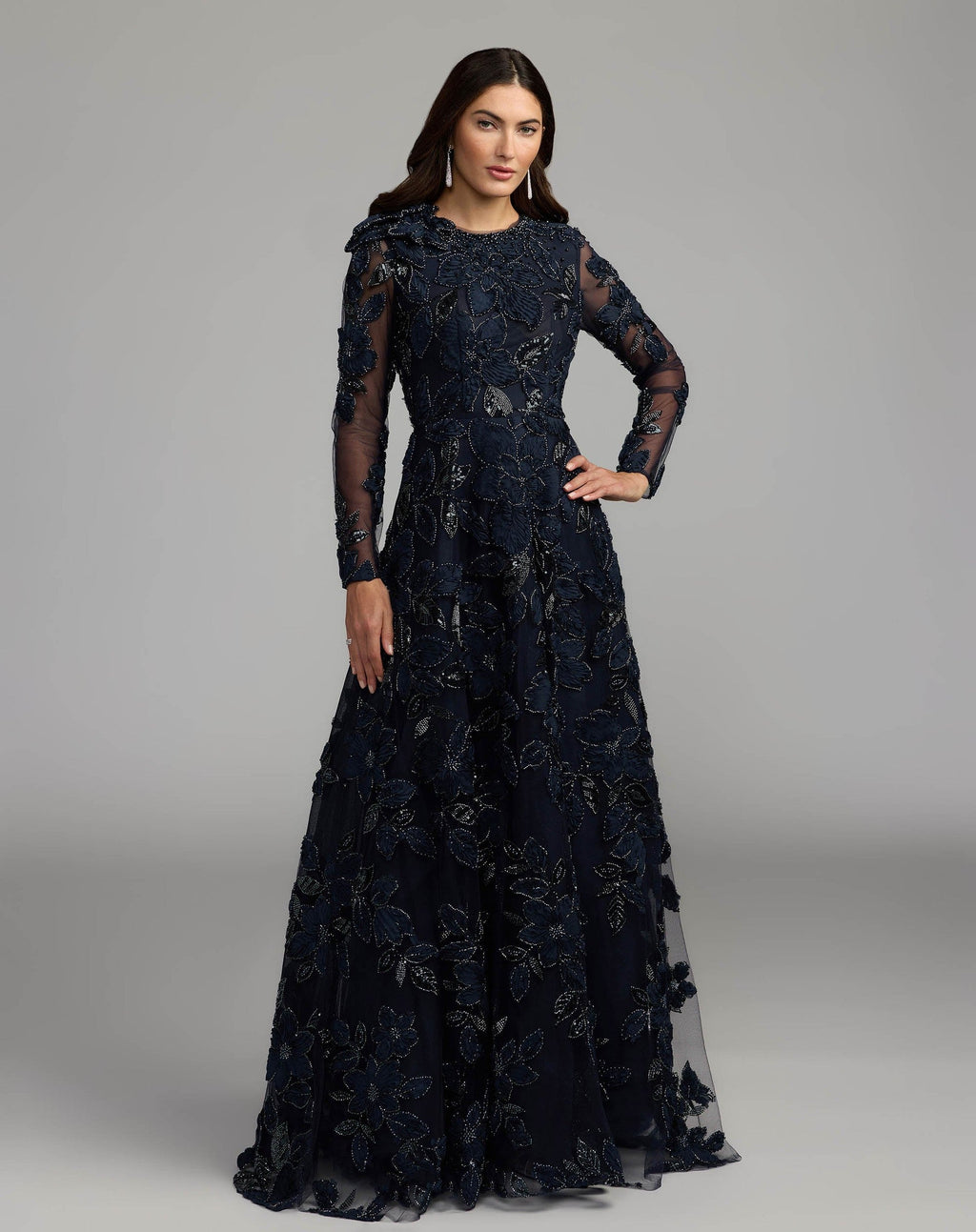 Midnight Floral Embellished Long Sleeve Gown