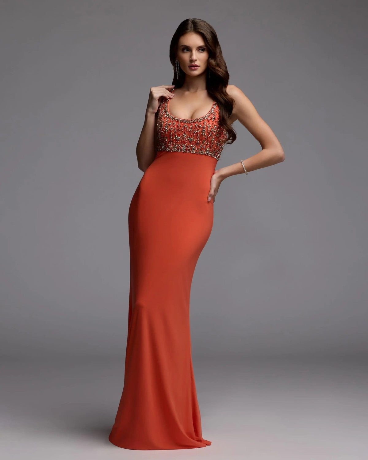 Orange Sleeveless Scoop Neck Embellished Jersey Gown