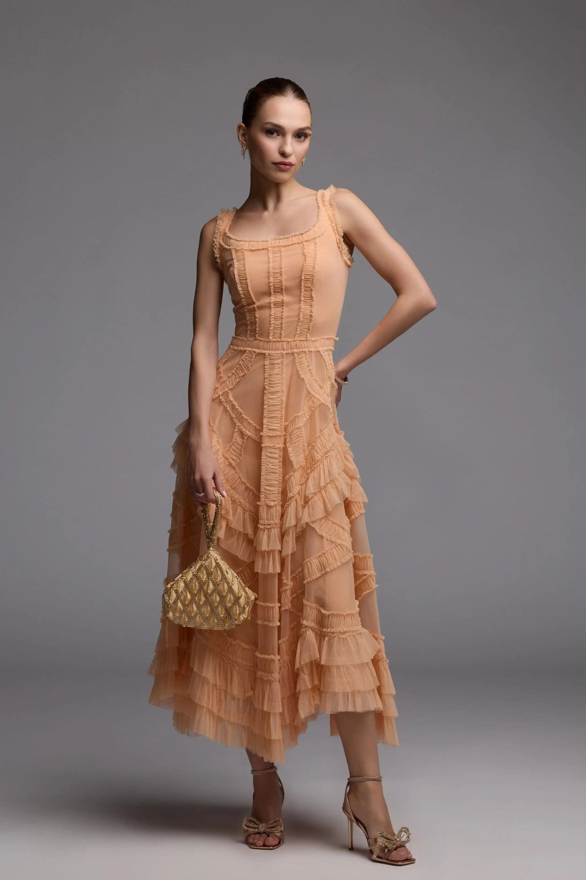 Peach Scoop Neck Sleeveless Micro Ruffle Midi Dress