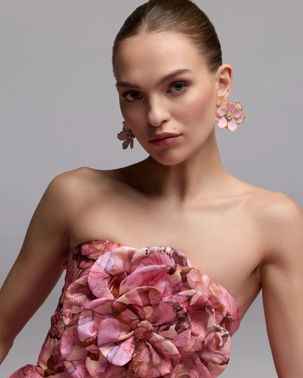 Rose Multi Strapless Floral Printed A-Line Gown With 3D Flower