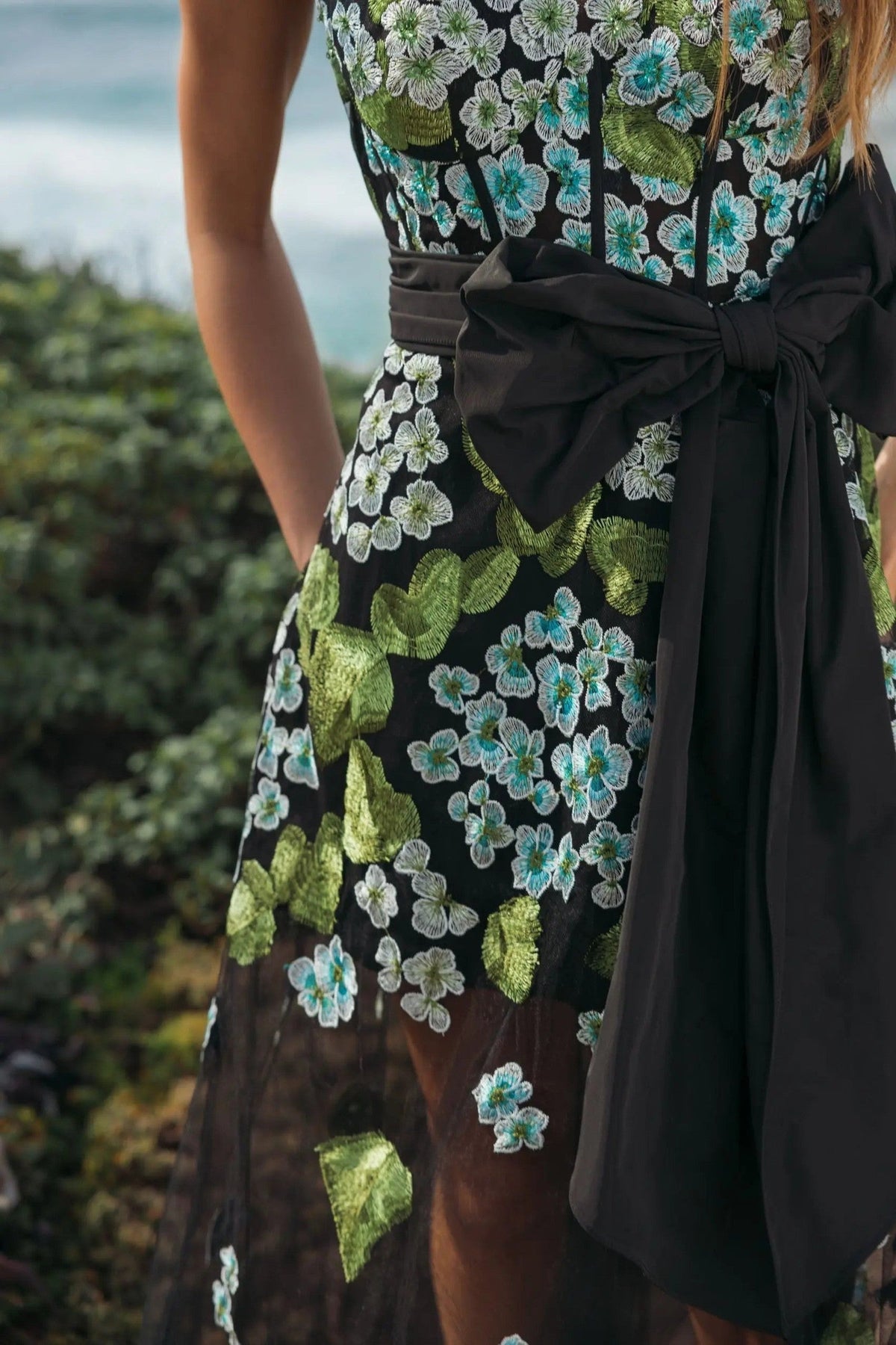 Blue Multi Floral Embroidered Corset Gown With Bow