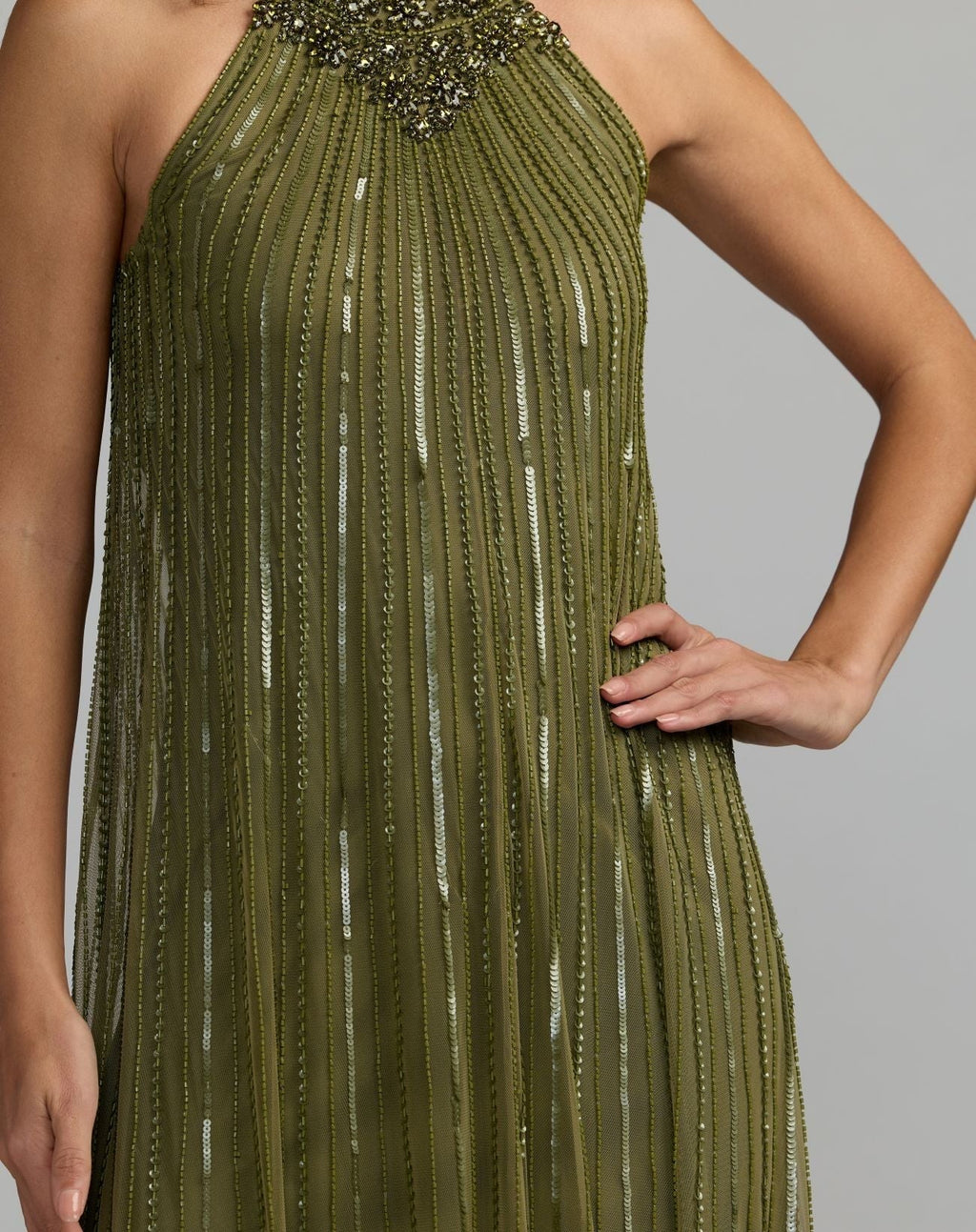 Olive Sleeveless Halter Embellished Trapeze Gown