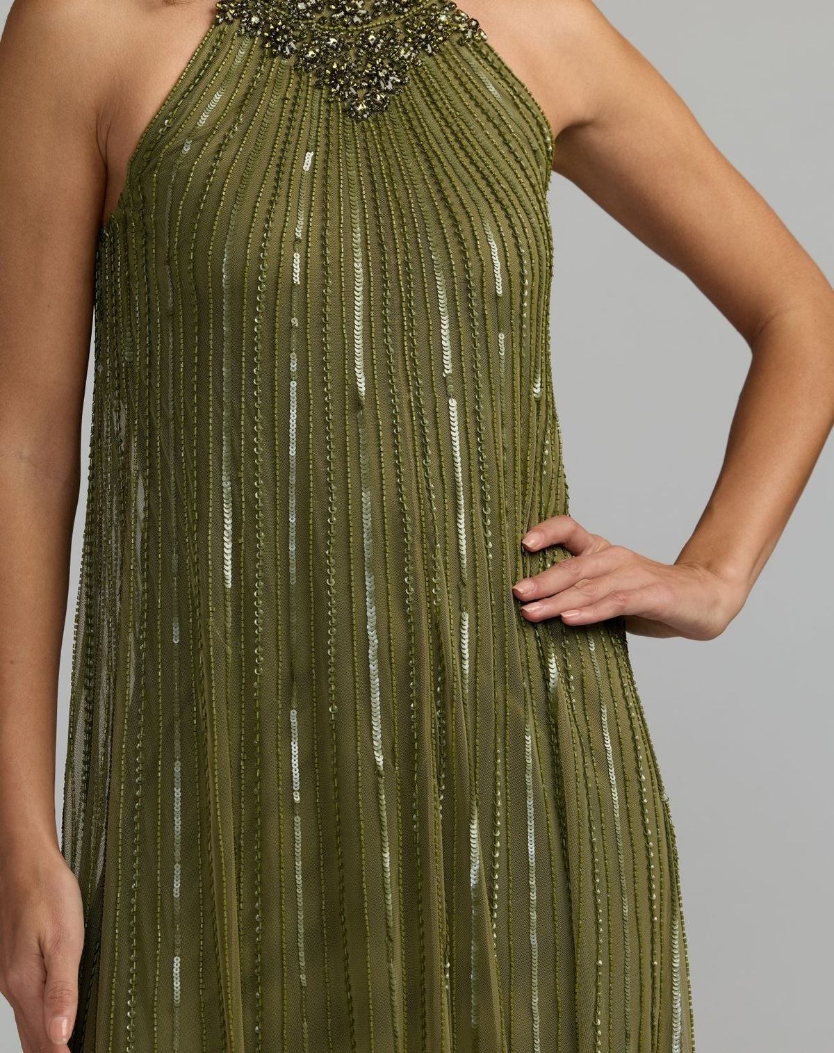 Olive Sleeveless Halter Embellished Trapeze Gown