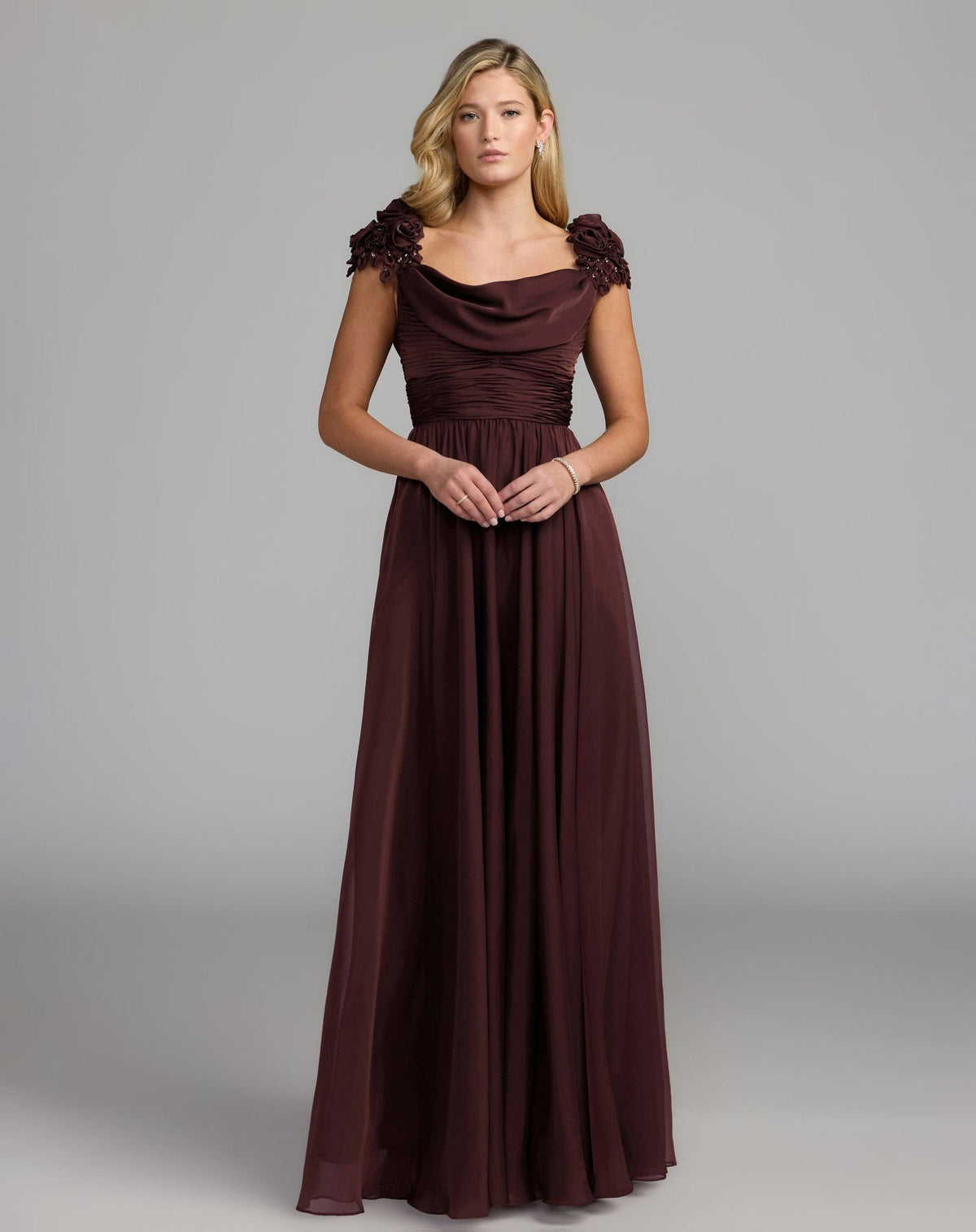 Amethyst Chiffon Cowl Neck Embellished Cap Sleeve Gown