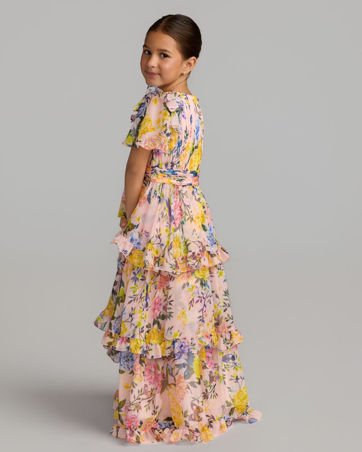 Girls Pink Multi Floral Chiffon Tiered Ruffle Dress