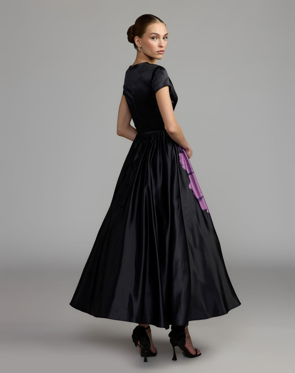 Black Satin Cap Sleeve Floral Printed A-Line Dress