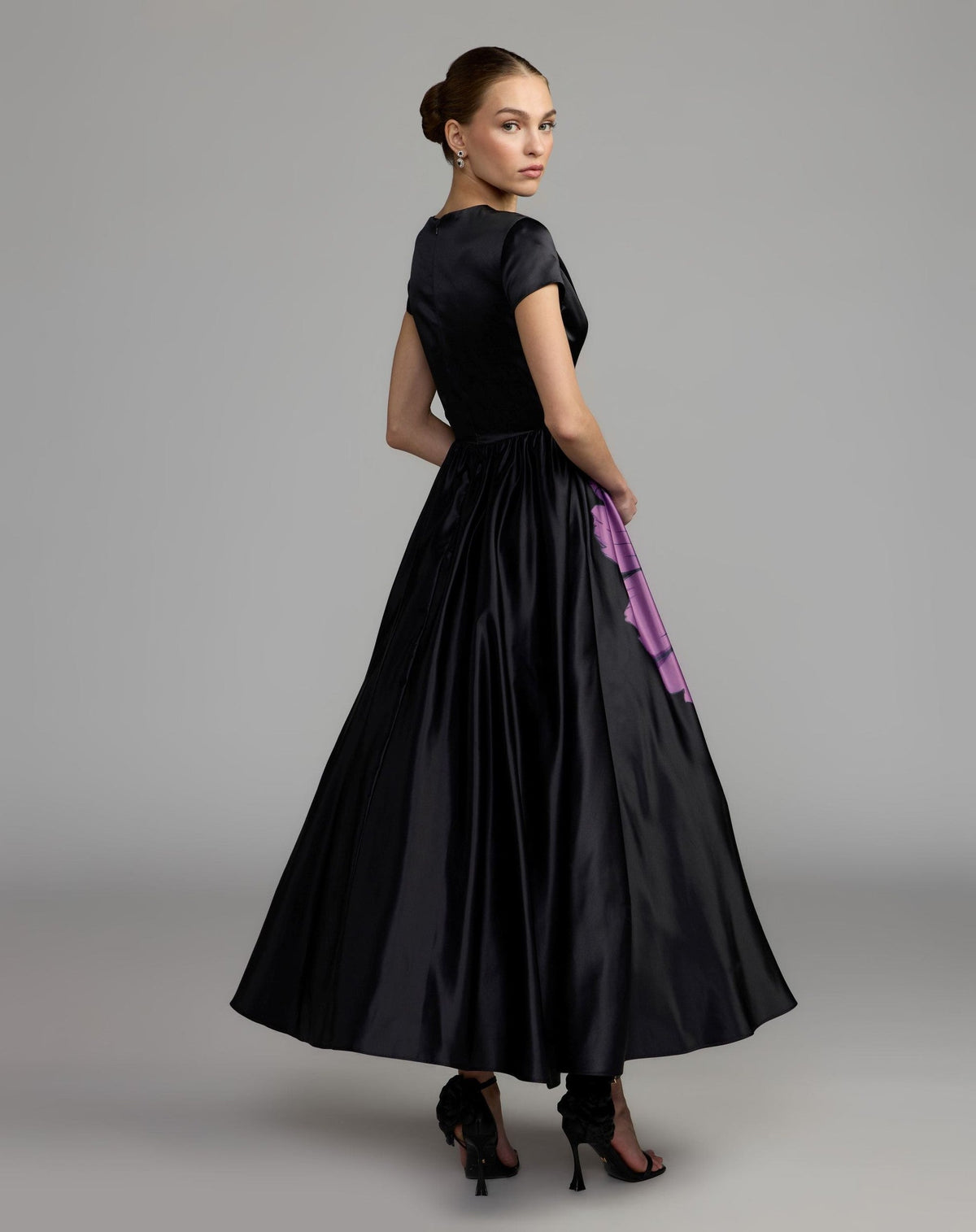 Black Satin Cap Sleeve Floral Printed A-Line Dress