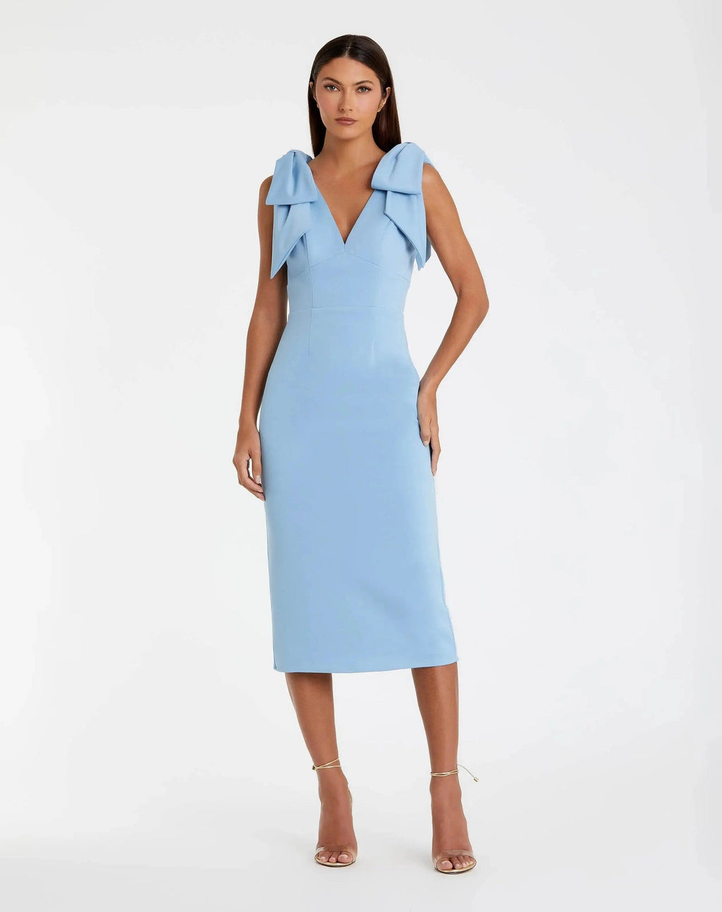 Powder Blue Sleeveless Crepe Midi Dress With Bow Straps